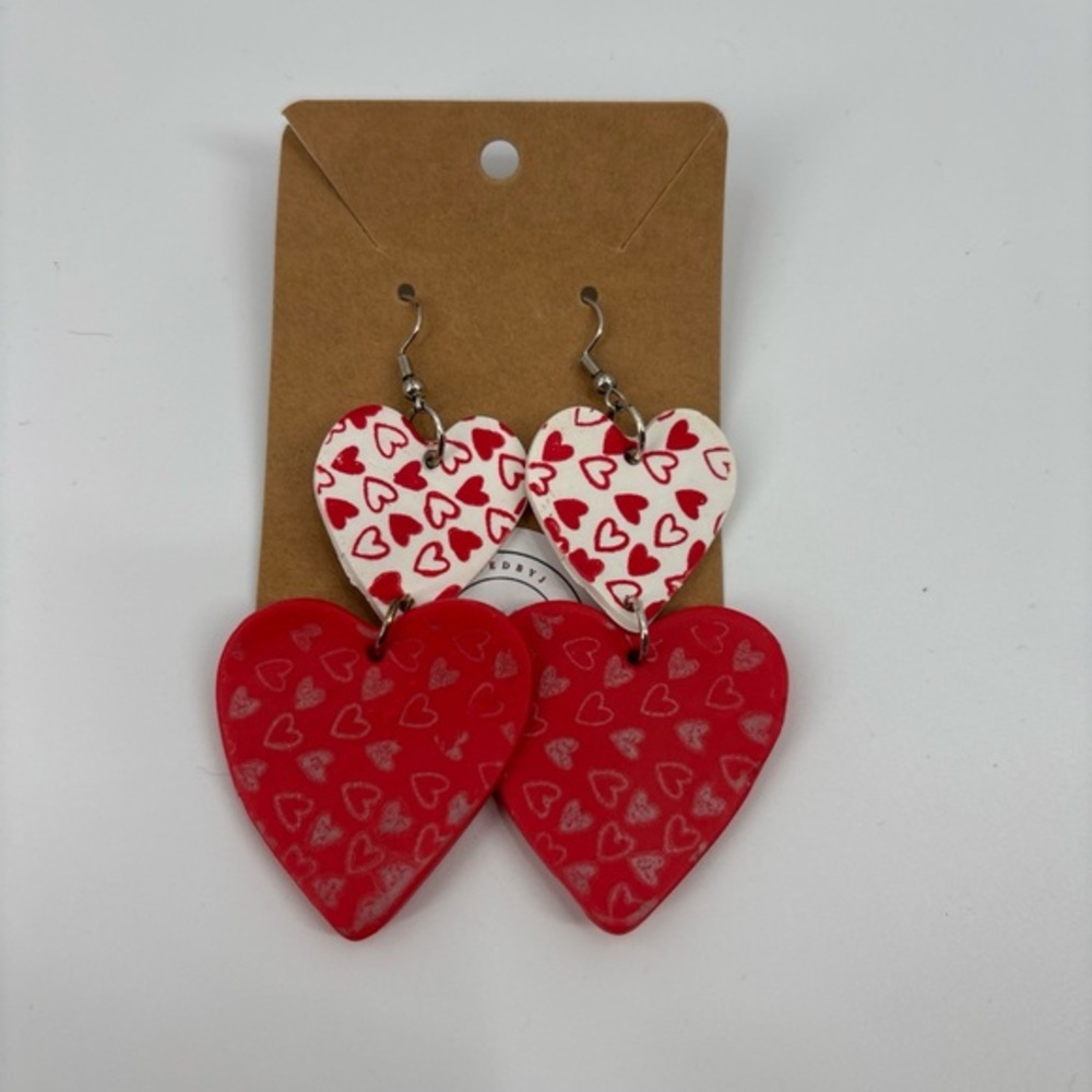 Handmade heart dangle earrings polymer clay red white silver hand painted